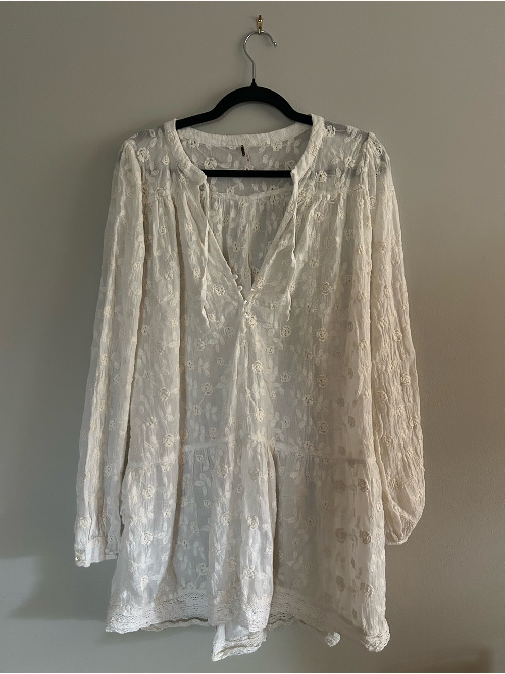 Free People Sheer Cream Lace Peasant Dress